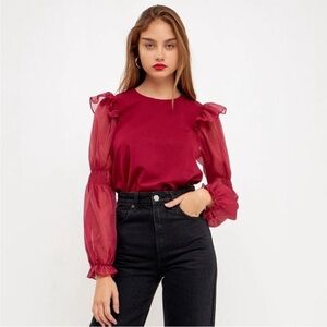 Anthropologie Organza Mixed Media Ruffle Smocked Sleeve Blouse WineRed M
